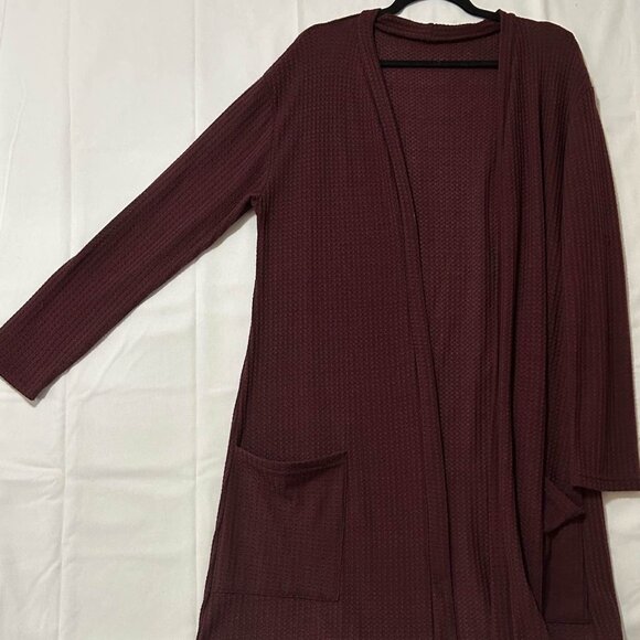 Burgundy Waffle Knit Longline Open Front Cardigan with Pockets - Picture 1 of 4